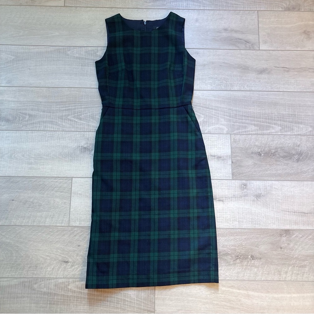 J. Crew Navy and Green Plaid Wool Blend Midi Dress - Picture 2 of 10